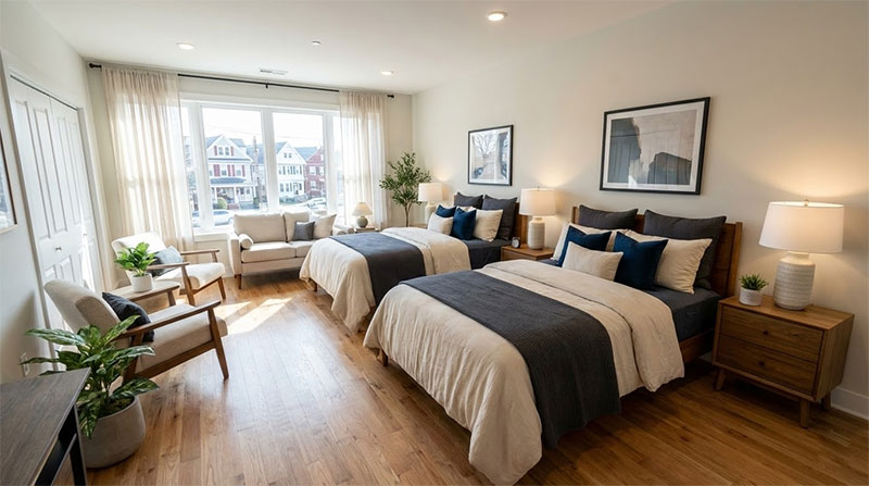 Deluxe double room with two beds and modern amenities in Bridgeport CT